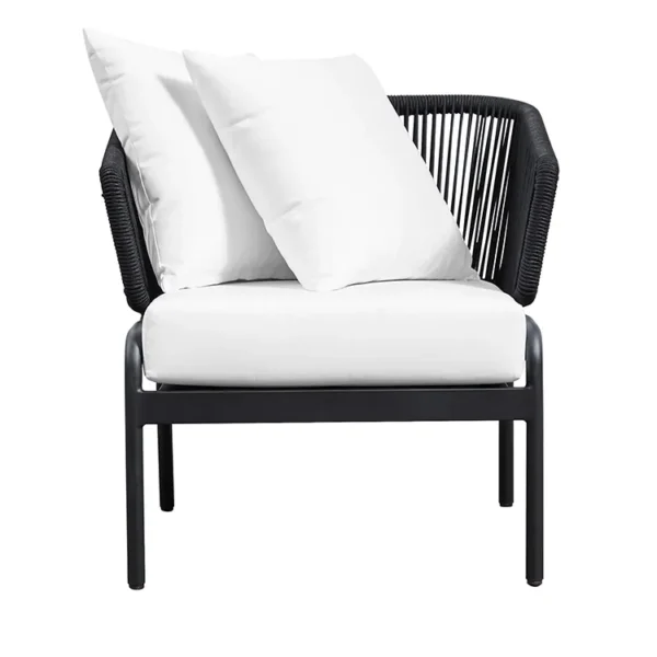 black and white modern outdoor rope sofa set with woven design in garden setting