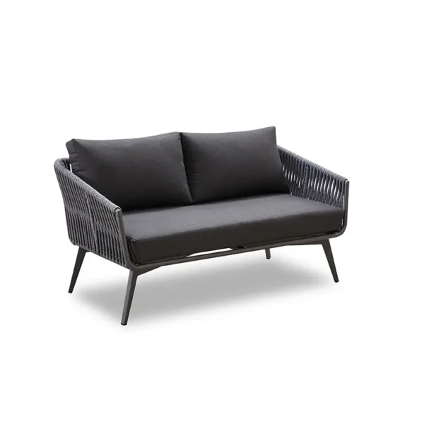 Black 4-piece outdoor rope sofa set with cushions, perfect for patios and gardens