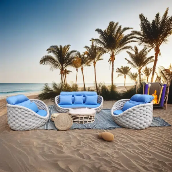 Outdoor 5-seater rope weaving sofa set in light grey and blue with cushioned seating.