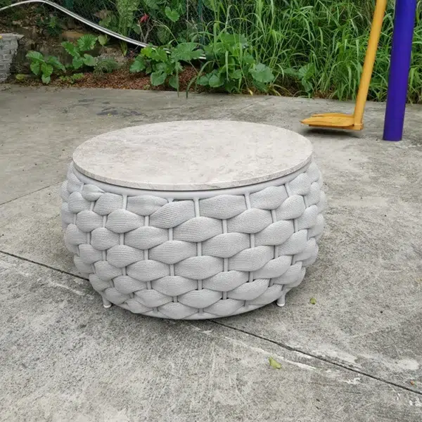 Outdoor 5-seater rope weaving sofa set in light grey and blue with cushioned seating.