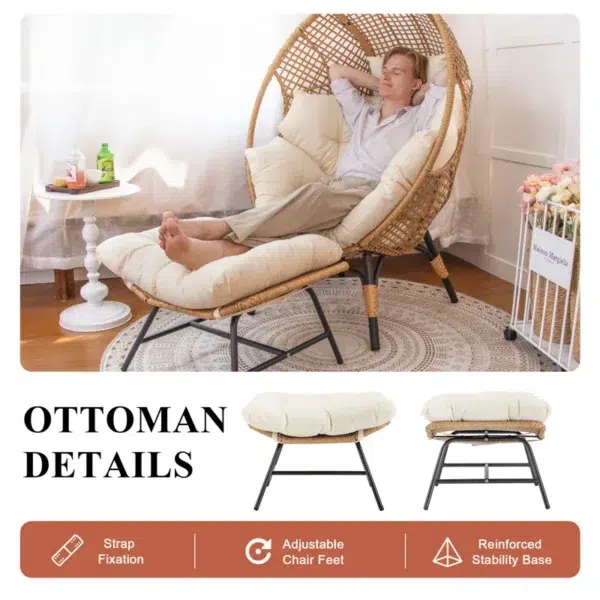 Beige single seater swing basket with ottoman for balcony and garden relaxation