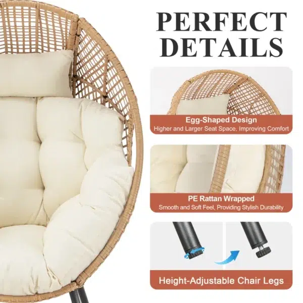 Beige single seater swing basket with ottoman for balcony and garden relaxation
