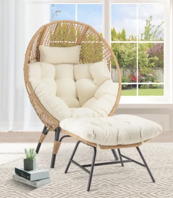 Beige single seater swing basket with ottoman for balcony and garden relaxation