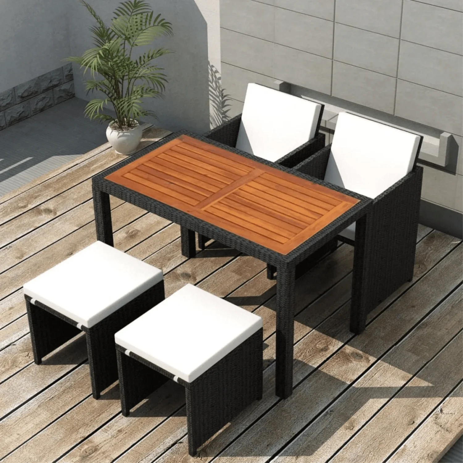 5-piece black and white rattan wicker patio dining set with ottoman and wood top table