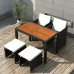 5-piece black and white rattan wicker patio dining set with ottoman and wood top table
