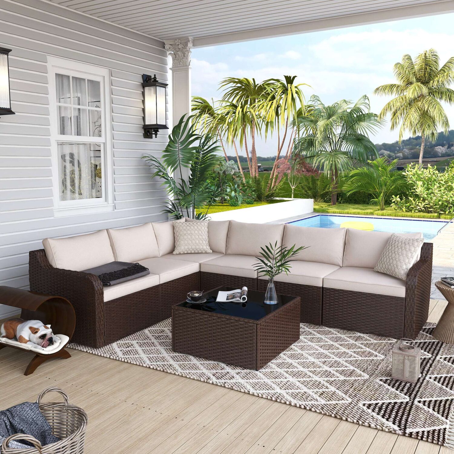 Outdoor sectional sofa set with dark brown rattan frame and cream cushions, perfect for patios and gardens.
