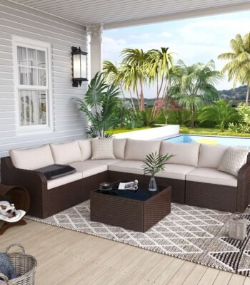 Outdoor sectional sofa set with dark brown rattan frame and cream cushions, perfect for patios and gardens.