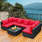 5-piece outdoor rattan sectional sofa set with black frame and red cushions, perfect for patio or garden.