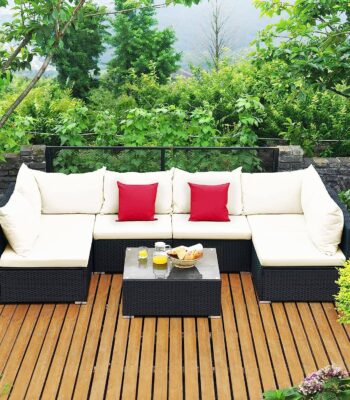 "6-seater rattan wicker outdoor furniture sofa set with cushions and tempered glass table for patio, garden, balcony, or backyard"
