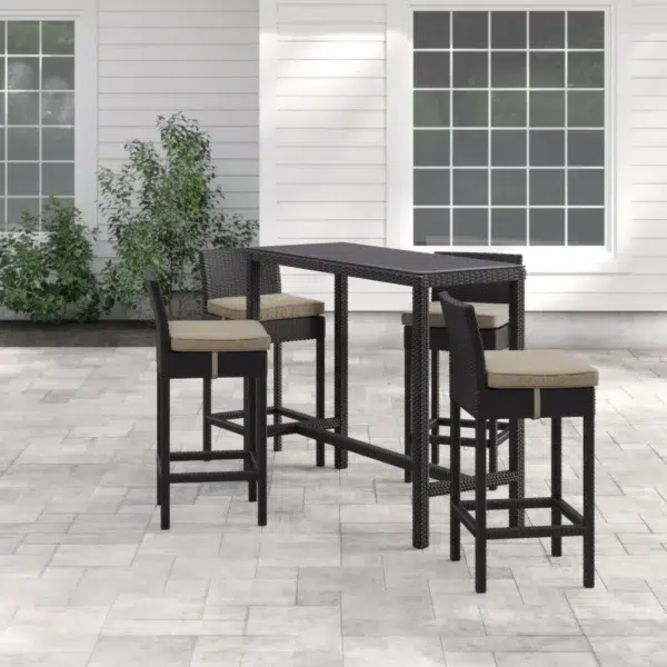 5 piece outdoor patio wicker dining bar set in dark brown and off-white with chairs and table.