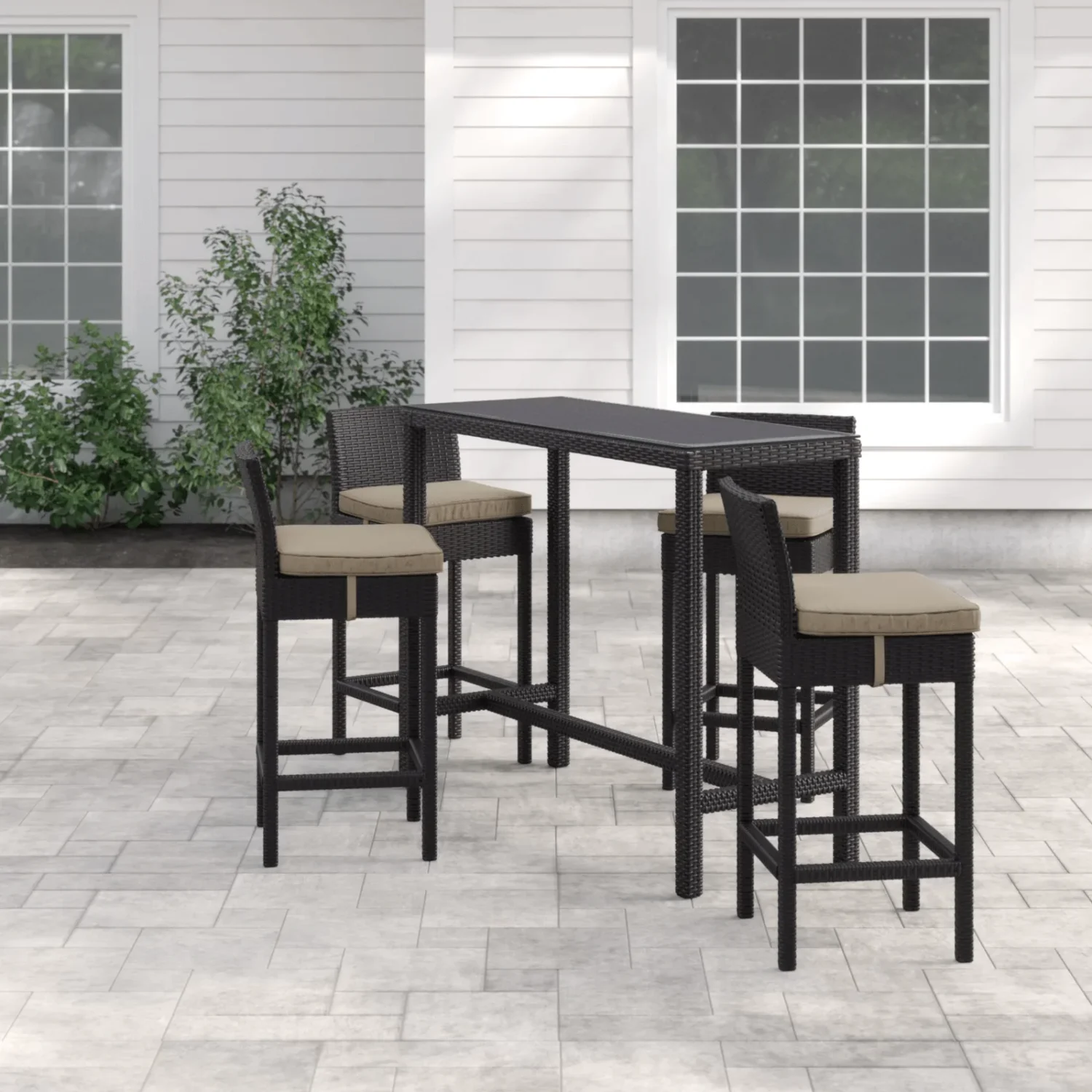 5-piece outdoor wicker dining bar set with rectangle table and chairs in dark brown and beige, perfect for patio or garden.