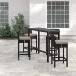 5-piece outdoor wicker dining bar set with rectangle table and chairs in dark brown and beige, perfect for patio or garden.