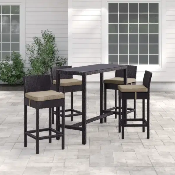 5 piece outdoor patio wicker dining bar set in dark brown and off-white with chairs and table.