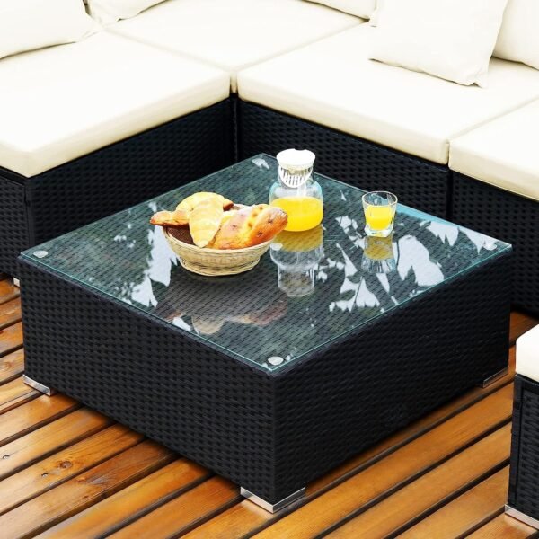 "6-seater rattan wicker outdoor furniture sofa set with cushions and tempered glass table for patio, garden, balcony, or backyard"