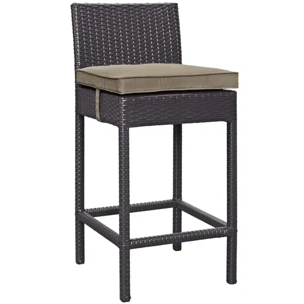 5 piece outdoor patio wicker dining bar set in dark brown and off-white with chairs and table.