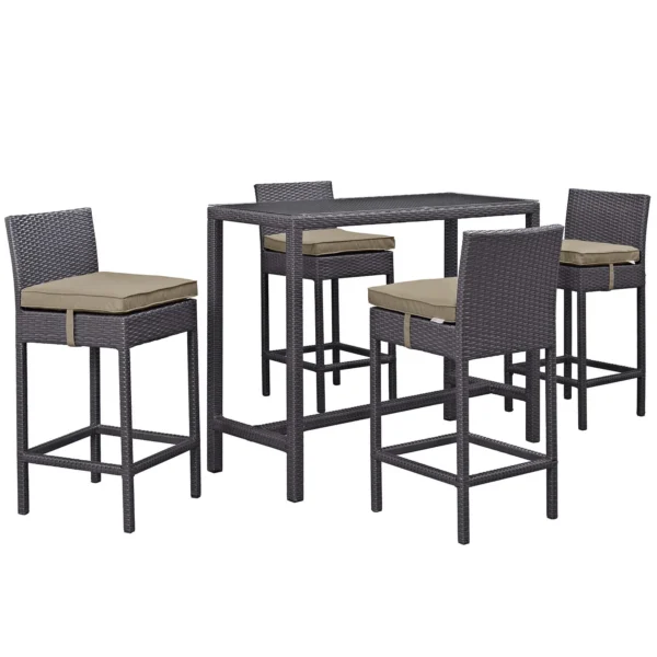 5 piece outdoor patio wicker dining bar set in dark brown and off-white with chairs and table.