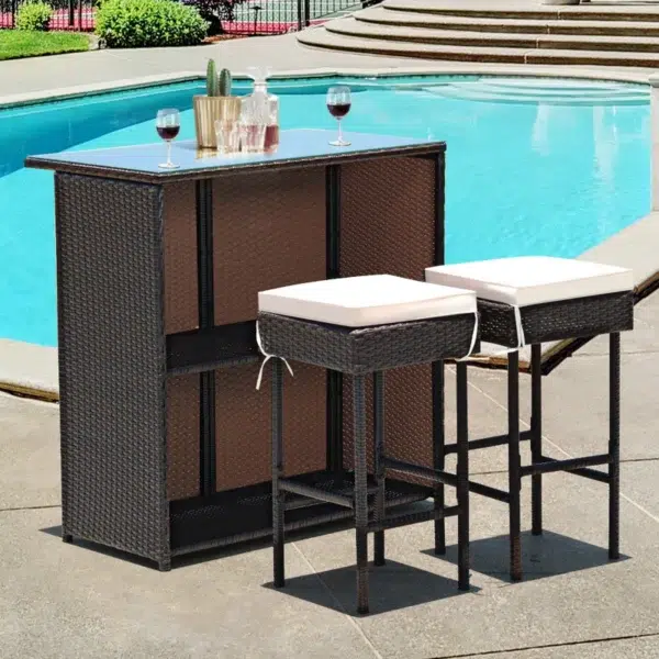 3 piece outdoor wicker patio bar set with dark brown table and off-white cushioned stools