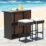 3 piece outdoor wicker patio bar set with dark brown table and off-white cushioned stools