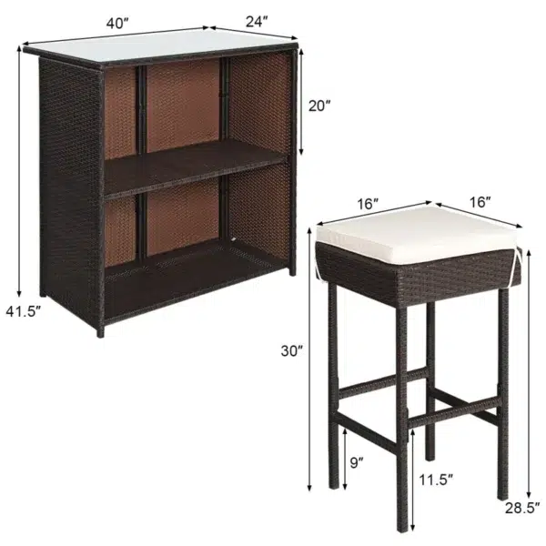 3 piece outdoor wicker patio bar set with dark brown table and off-white cushioned stools
