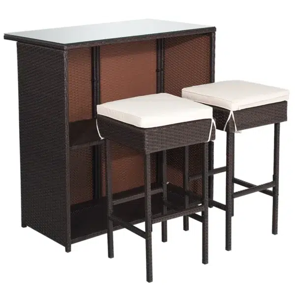 3 piece outdoor wicker patio bar set with dark brown table and off-white cushioned stools