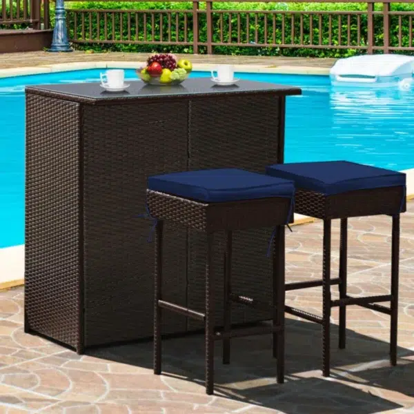 Outdoor patio bar set with 2 stools and 1 table in dark brown finish, perfect for entertaining.