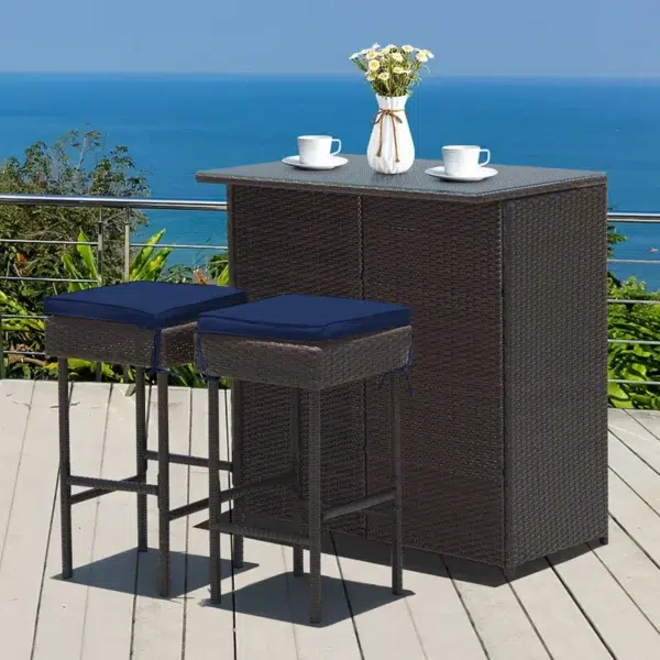 Outdoor patio bar set with 2 stools and 1 table in dark brown finish, perfect for entertaining.