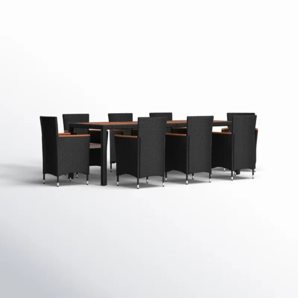 8-person rectangular outdoor dining set with black frame and off-white cushions