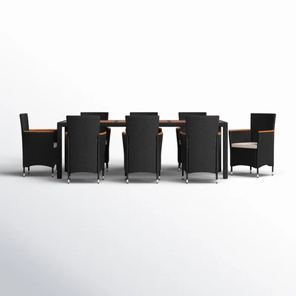 8-person rectangular outdoor dining set with black frame and off-white cushions