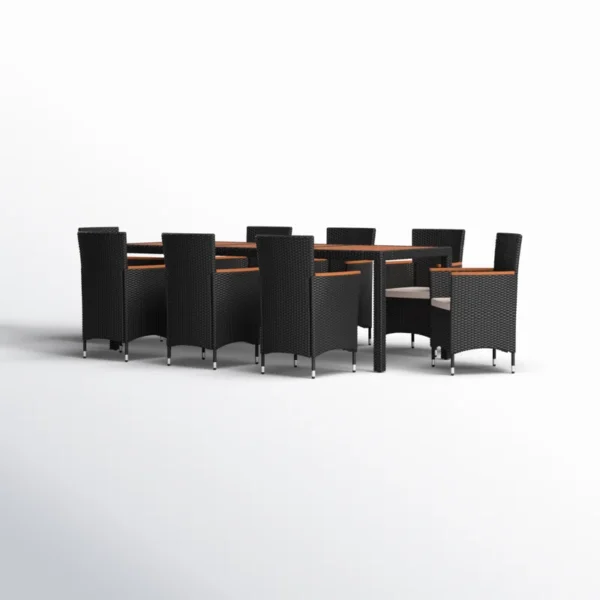 8-person rectangular outdoor dining set with black frame and off-white cushions