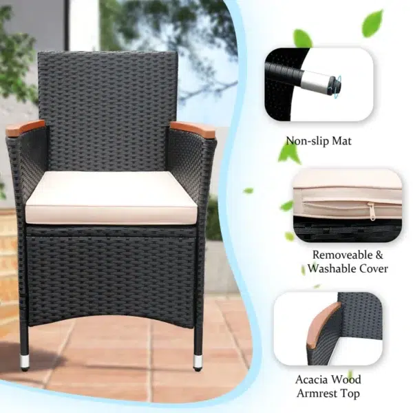 8-person rectangular outdoor dining set with black frame and off-white cushions