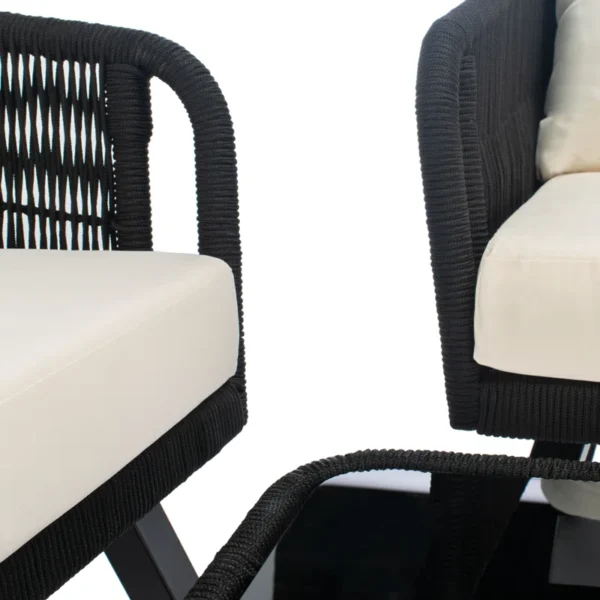 Black and white outdoor rope sofa set with matching center table, perfect for garden or patio