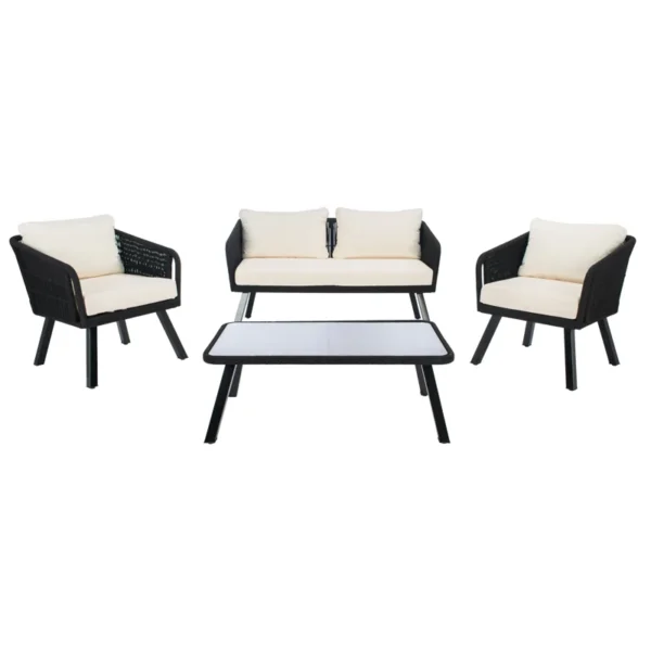 Black and white outdoor rope sofa set with matching center table, perfect for garden or patio