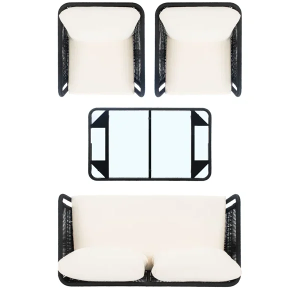 Black and white outdoor rope sofa set with matching center table, perfect for garden or patio