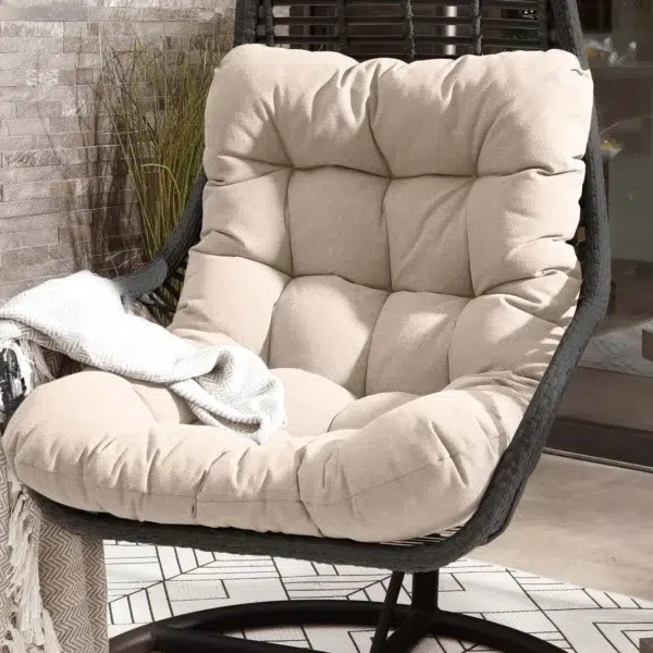 Single seater hanging swing with stand in black and beige, perfect for balcony or garden relaxation.