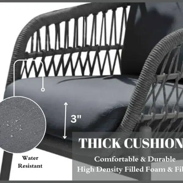 Outdoor garden 4-seater rope sofa with light grey cushions and dark grey woven rope frame placed on a patio.