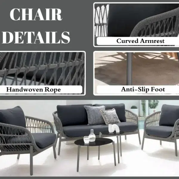 Outdoor garden 4-seater rope sofa with light grey cushions and dark grey woven rope frame placed on a patio.