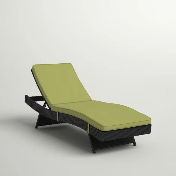 Green wicker rattan outdoor patio chaise lounge chair with cushioned seat.