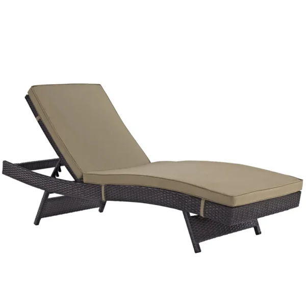 Beige wicker rattan outdoor patio chaise lounge chair with cushioned seat.