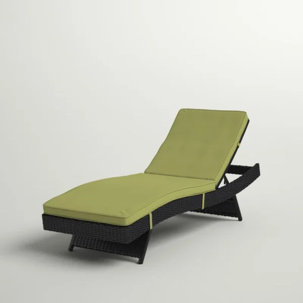 Green wicker rattan outdoor patio chaise lounge chair with cushioned seat.