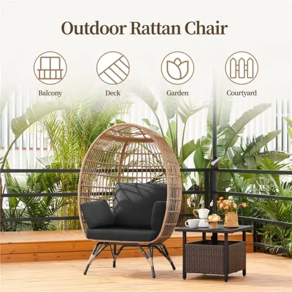 Single seater swing basket in beige and black, ideal for balcony or garden seating.
