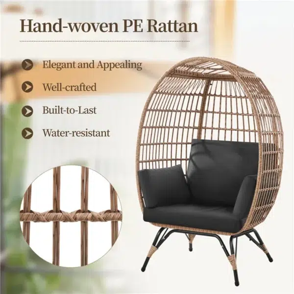 Single seater swing basket in beige and black, ideal for balcony or garden seating.