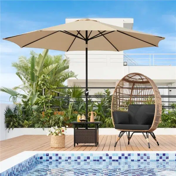 Single seater swing basket in beige and black, ideal for balcony or garden seating.