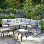 Outdoor patio furniture set with 4 pieces – beige and grey waterproof woven rope sofa and powder-coated iron frame bistro set.