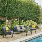 Grey outdoor rope sofa set with matching table, modern patio furniture for garden or terrace