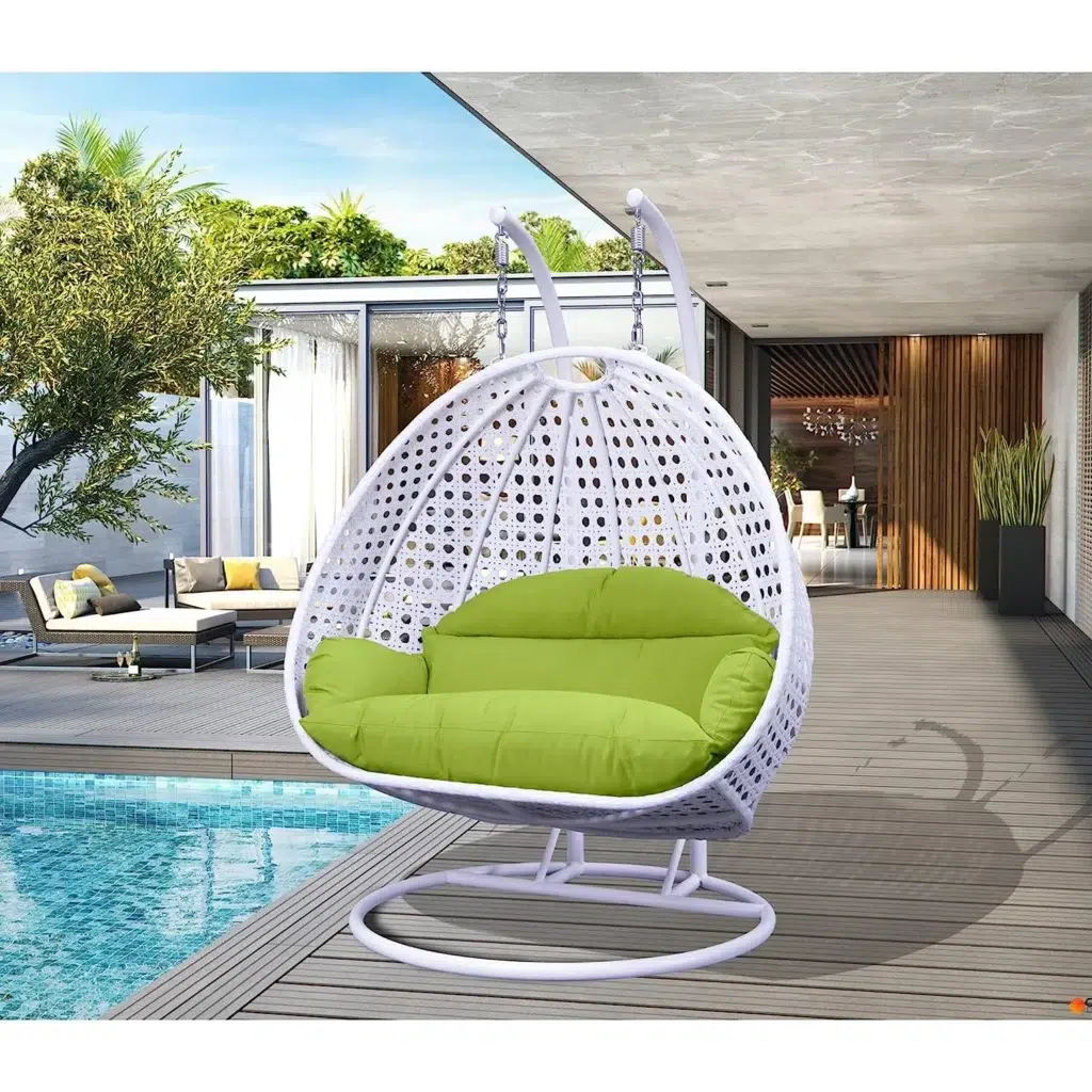 Light green and white swing chair with a sturdy stand and cushioned seat, perfect for indoor and outdoor relaxation.