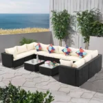 "9 seater outdoor rattan wicker sofa set with 2 matching center tables for patio or garden"