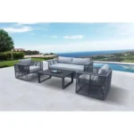 Unique grey rope bistro set with 4 pieces, modern outdoor dining chairs and table." Caption: