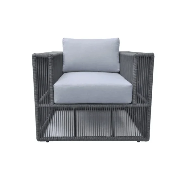 Unique grey rope bistro set with 4 pieces, modern outdoor dining chairs and table." Caption: