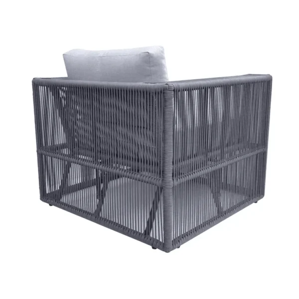 Unique grey rope bistro set with 4 pieces, modern outdoor dining chairs and table." Caption: