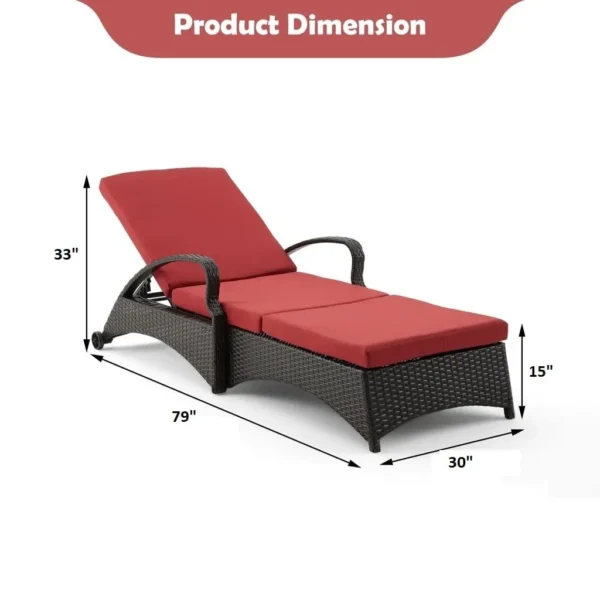Red wicker rattan outdoor patio chaise lounge chair with side table, perfect for relaxing outdoors.